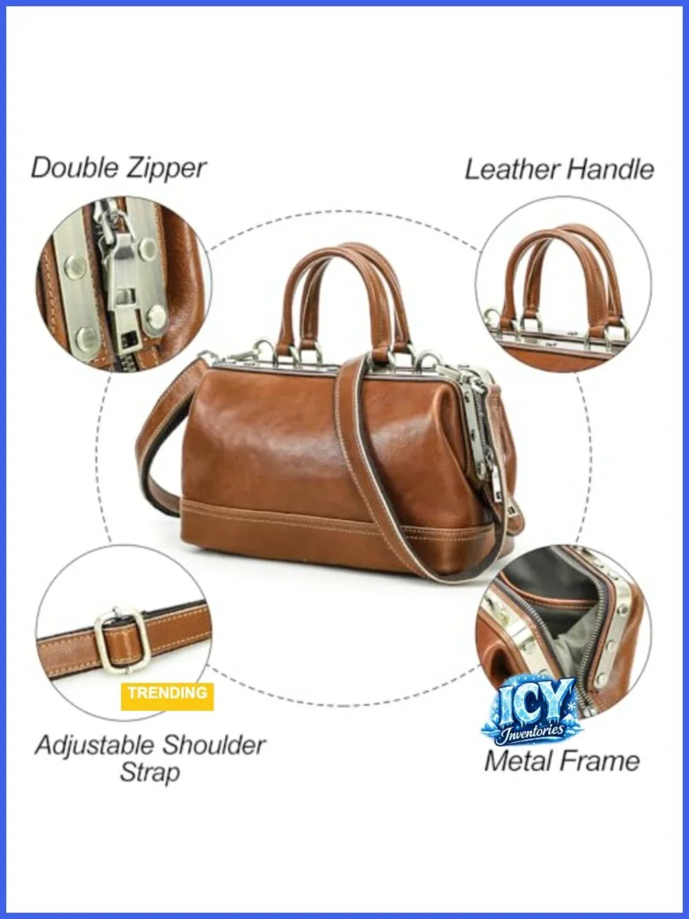 Vintage Doctor Bag Purse Women Leather Top Handle Shoulder Handbag Metal Frame